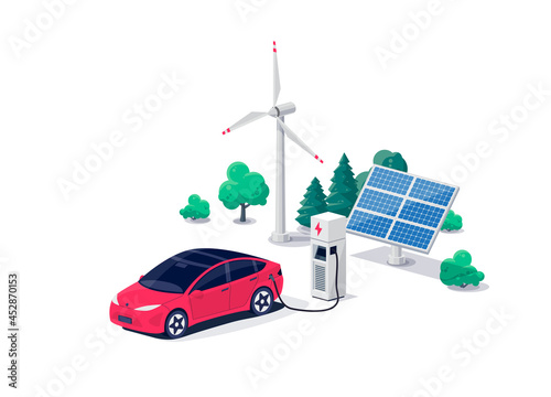 Electric car charging on parking lot area with fast supercharger station stall. Vehicle on renewable smart solar panel wind power station electricity network grid. Isolated flat vector illustration.