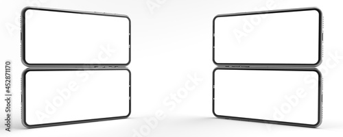 3D rendering of mockups Smartphones white screen on white floor, Mobile phone lay down on the ground. Smartphones white screen can be used for commercial advertising, Isolated on white background.