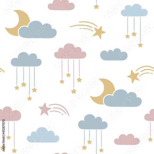 Seamless pattern with moon and stars hanging from clouds