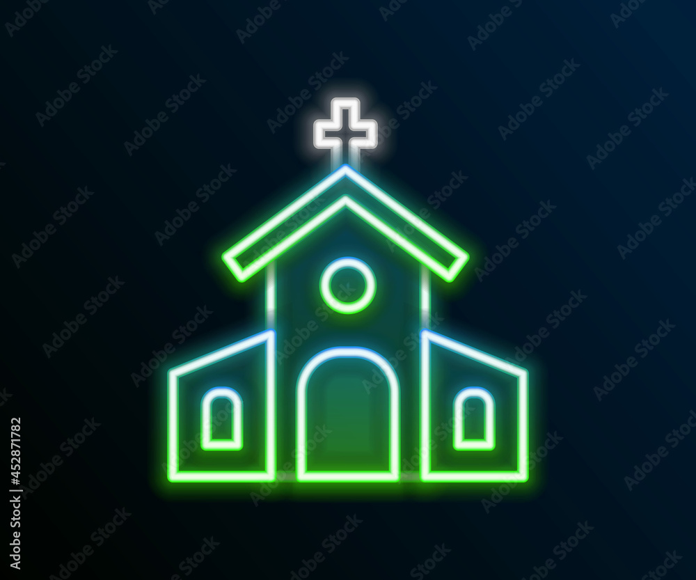 Glowing neon line Church building icon isolated on black background. Christian Church. Religion of church. Colorful outline concept. Vector Glowing neon line Church building icon isolated on black background. Christian Church. Religion of church. Colorful outline concept. Vector