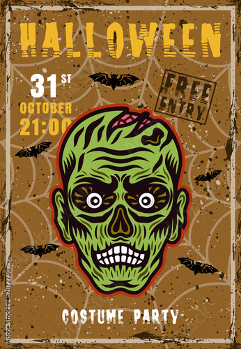 Halloween costume party vector invitation poster with zombie head. Vintage illustration with grunge textures and sample text on separate layers
