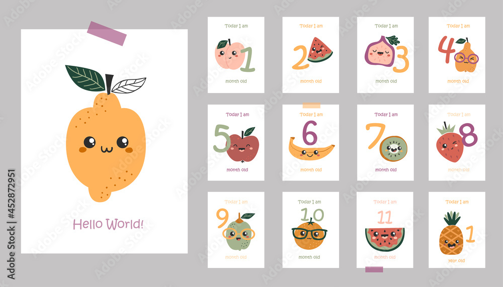Monthly baby cards with cute kawaii fruits.