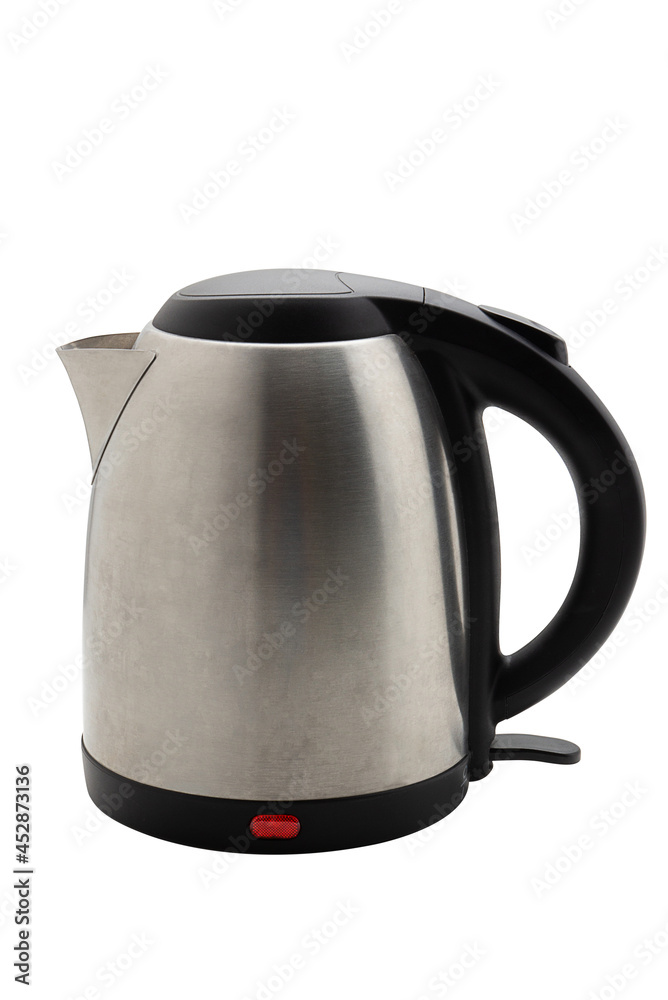 Silver Electric Kettle isolated on a white background, Water Kettle, Fast Heating. Coffee shop equipment. Modern technology brewing. Modern technology brewing.