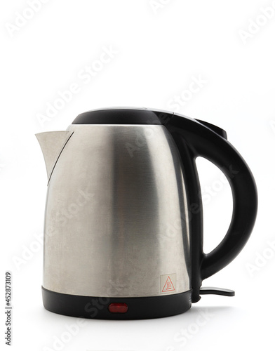 Silver Electric Kettle isolated on a white background, Water Kettle, Fast Heating. Coffee shop equipment. Modern technology brewing. Modern technology brewing.
