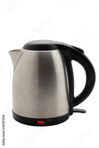 Silver Electric Kettle isolated on a white background, Water Kettle, Fast Heating. Coffee shop equipment. Modern technology brewing. Modern technology brewing.