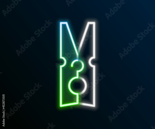 Glowing neon line Old wood clothes pin icon isolated on black background. Clothes peg. Colorful outline concept. Vector