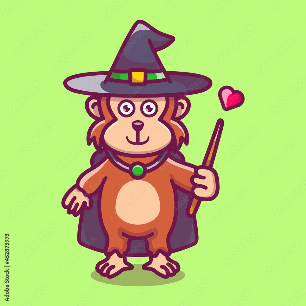 Halloween cute monkey wizard with hat, cloak, love and wand