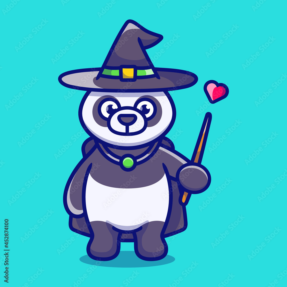 Halloween cute panda wizard with hat, cloak, love and wand