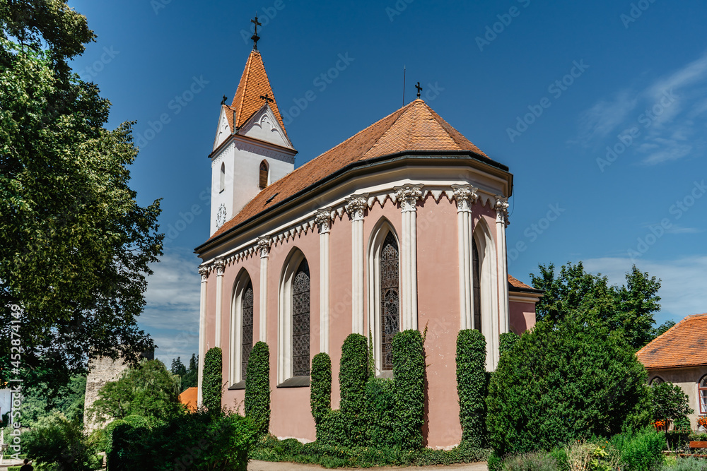 Castle church of the Assumption of Virgin Mary situated in complex of Bitov Castle, Czech Republic.Popular Gothic chateau near Czech-Austrian border. Religious spiritual scenery