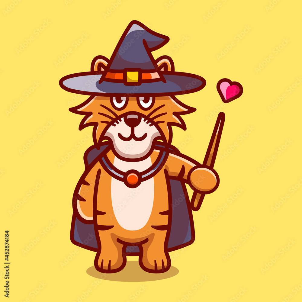 Halloween cute tiger wizard with hat, cloak, love and wand