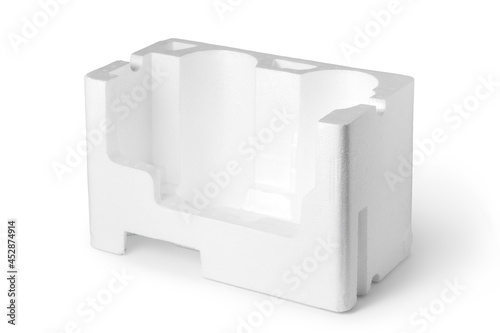 Empty styrofoam box isolated on white background photo