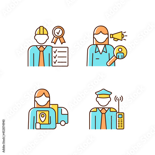 Staff of company RGB color icons set. Quality control manager. Security guard. Logistician. Organization employees. Isolated vector illustrations. Simple filled line drawings collection