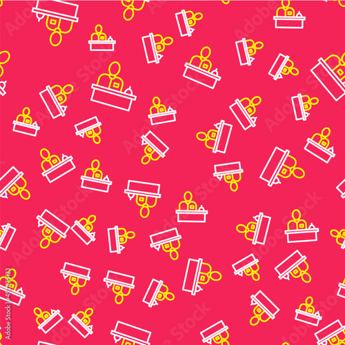 Line Receptionist standing at hotel reception desk icon isolated seamless pattern on red background. Vector
