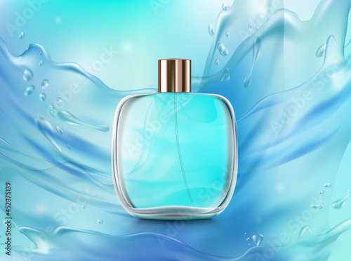 Glass bottle with perfume or cologne. Packaging template