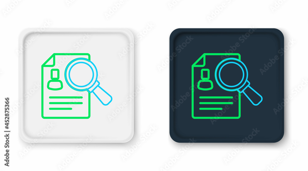 Line Document, paper analysis magnifying glass icon isolated on white background. Evidence symbol. Colorful outline concept. Vector Line Document, paper analysis magnifying glass icon isolated on white background. Evidence symbol. Colorful outline concept. Vector