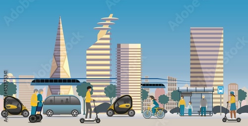 Renewable Electric transport in a modern city view. Electric scooters,  bike, Self-Balancing Electric Transporters,  Monorail trains, autonomous public transport and vehicles. 