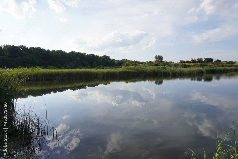 Obraz premium Summer landscape with small lake in forest Shinny sun reflected in the lake