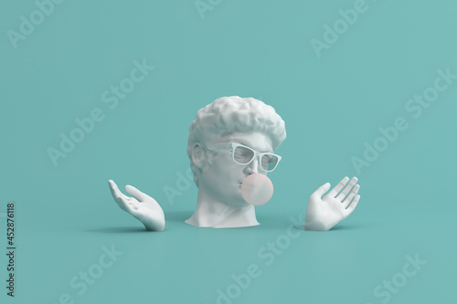 Naklejka Minimal scene of sunglasses on human head sculpture with pink bubble gum on green background, 3d rendering.