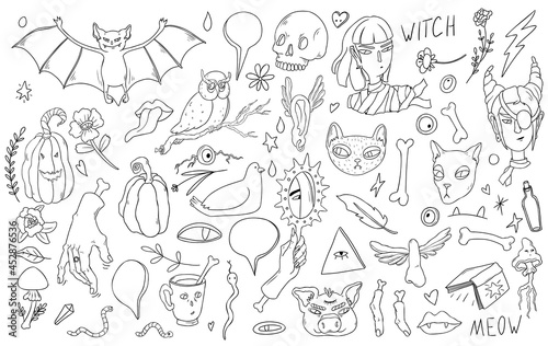 Vector halloween compositions with hand drawn flowers, witches and monsters. Cute design for Halloween party decorations. . Vector illustration