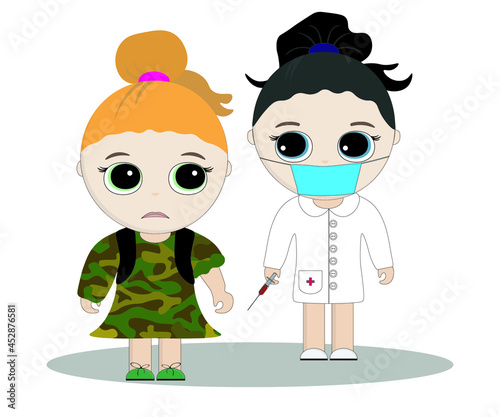 children s cute cartoon illustration  in which a girl doctor in a mask vaccinates another girl