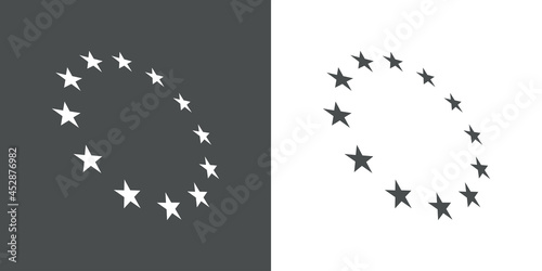 Logotipo abstracto con estrellas en circulo con perspectiva en fondo gris y fondo blanco