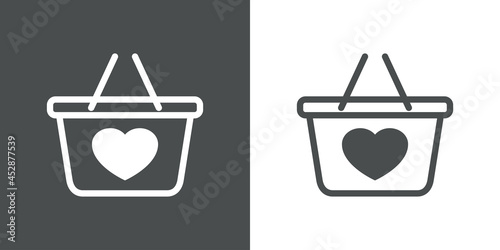 Logotipo con texto Fast Shop con cesta compra con corazón con lineas en fondo gris y fondo blanco