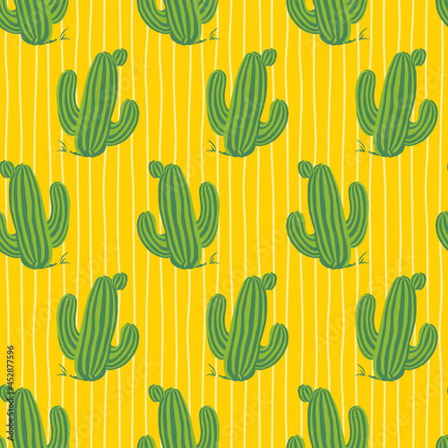 Vector yellow cute cactus repeat pattern with thin vertical stripes background. Suitable for textile, gift wrap and wallpaper.