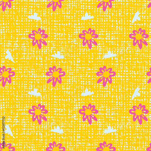 Vector yellow rows of cut out daisy flowers repeat pattern 02 with canvas background and clouds. Suitable for textile, gift wrap and wallpaper. photo