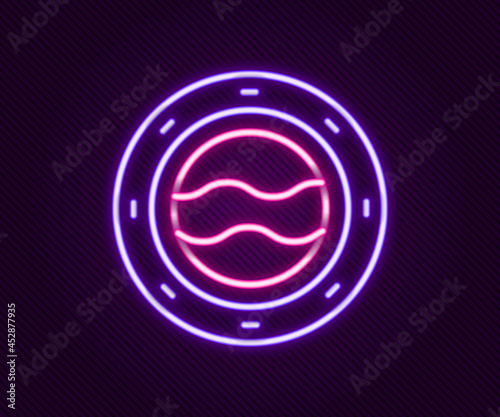 Glowing neon line Ship porthole with rivets and seascape outside icon isolated on black background. Colorful outline concept. Vector