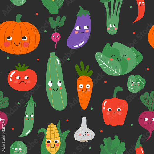 Seamless background with funny and cute cartoon vegetable characters showing various face expression. Healthy food vector pattern. Harvest collection in flat style showing different emotions