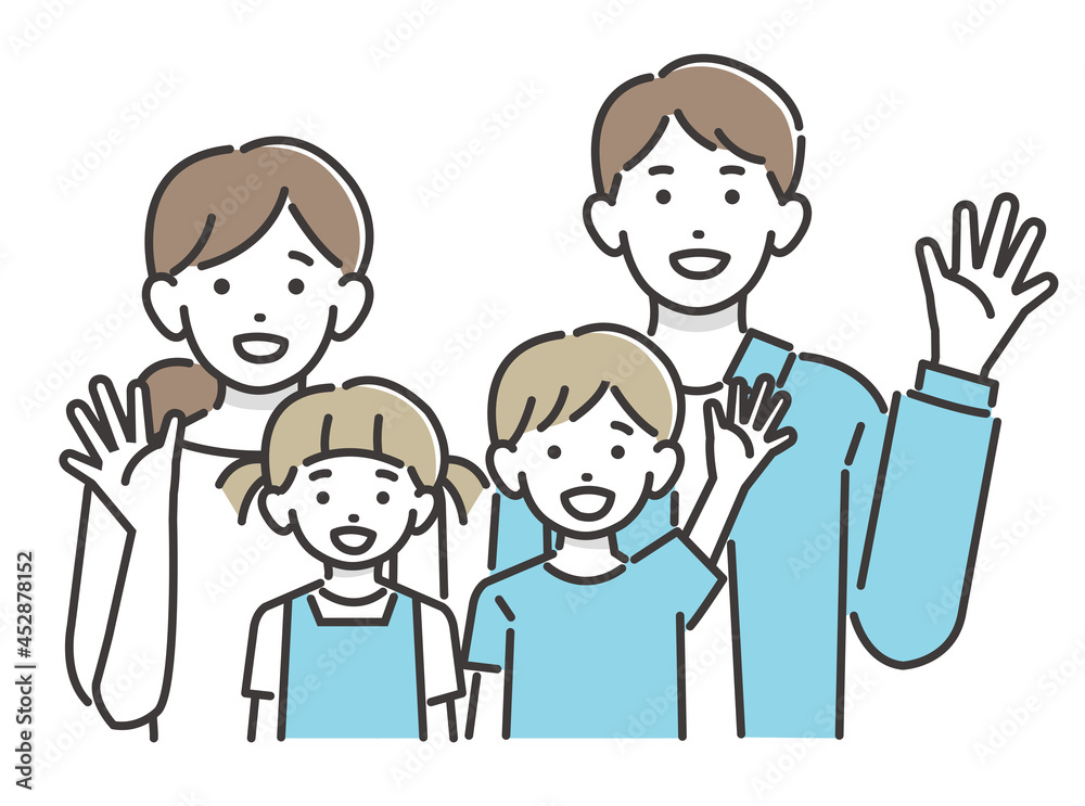 笑顔で手を振る、若い家族のベクターイラスト素材／シンプル／子供／夫婦