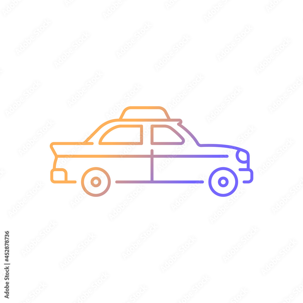 Retro taxi car gradient linear vector icon. Taxicab vehicle. Chauffeur-driven transportation. Checker taxi. Thin line color symbol. Modern style pictogram. Vector isolated outline drawing