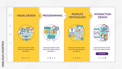 UX design process onboarding vector template. Responsive mobile website with icons. Web page walkthrough 4 step screens. People psychology. Programming color concept with linear illustrations