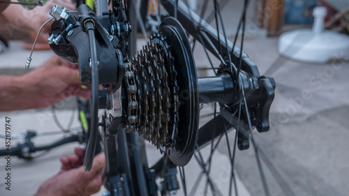 close-up of the rear or front chain shift chainring adjustment of a MTB mountain bike