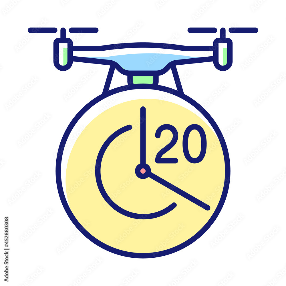 Maximum flight time RGB color manual label icon. Twenty minutes limitation. Flight duration. High-quality drone. Isolated vector illustration. Simple filled line drawing for product use instructions Maximum flight time RGB color manual label icon. Twenty minutes limitation. Flight duration. High-quality drone. Isolated vector illustration. Simple filled line drawing for product use instructions