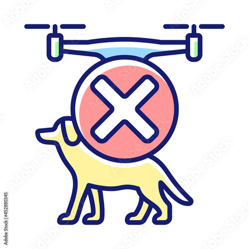 Dont fly above animals RGB color manual label icon. Safety rule for drone. Minimize pet disturbance. Isolated vector illustration. Simple filled line drawing for product use instructions