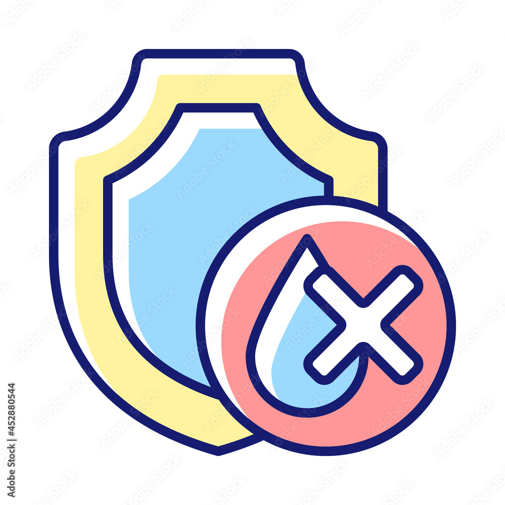 Waterproof drone RGB color manual label icon. Water-resistant electronics. Safe flying over water. Flying in rain. Isolated vector illustration. Simple filled line drawing for product use instructions