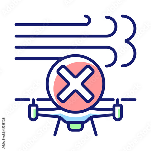 Dont fly in strong winds RGB color manual label icon. Flying drone in windy conditions. Challenging environments. Isolated vector illustration. Simple filled line drawing for product use instructions