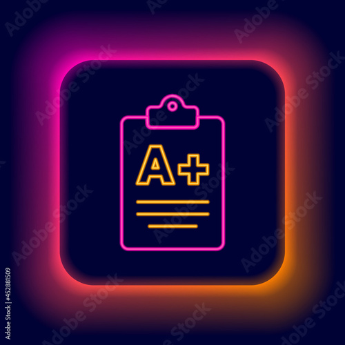Glowing neon line Exam sheet with A plus grade icon isolated on black background. Test paper, exam, or survey concept. School test or exam. Colorful outline concept. Vector