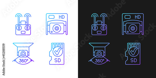 Drone use gradient manual label icons set for dark and light mode. Thin line contour symbols bundle. Isolated vector outline illustrations collection on black and white for product use instructions