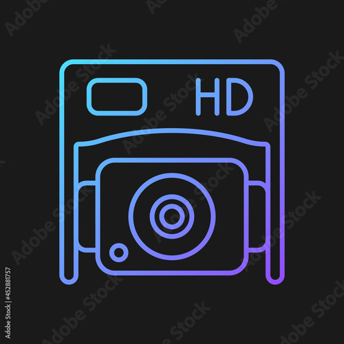 HD bottom camera gradient vector manual label icon for dark theme. High definition video. Thin line color symbol. Modern style pictogram. Vector isolated outline drawing for product use instructions