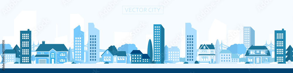 Vector poster with the city in blue. Modern city with trees, buildings and a bridge. City landscape	