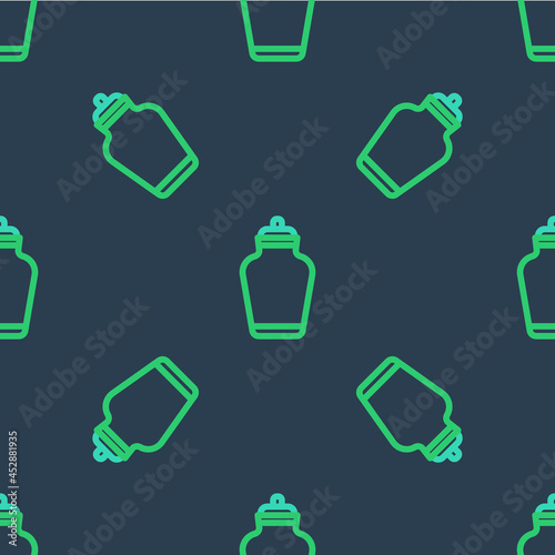 Line Funeral urn icon isolated seamless pattern on blue background. Cremation and burial containers, columbarium vases, jars and pots with ashes. Vector