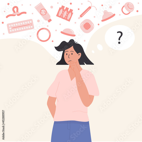 Pensive woman choosing contraception method. Thoughtful female person thinking about contraceptives. Concept of safe sex and birth control. Vector flat illustration.