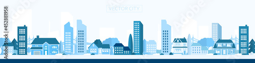 Vector poster with the city in blue. Modern city with trees, buildings and a bridge. City landscape	