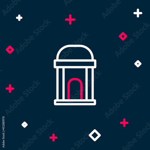 Line Old crypt icon isolated on blue background. Cemetery symbol. Ossuary or crypt for burial of deceased. Colorful outline concept. Vector
