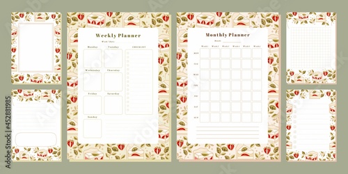 Set of weekly planner, monthly planner, note, memo, school scheduler templates with hand drawn cake, floral, and strawberry elements