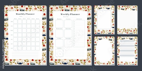 Set of weekly planner, monthly planner, note, memo, school scheduler templates with hand drawn cake, floral, and strawberry elements