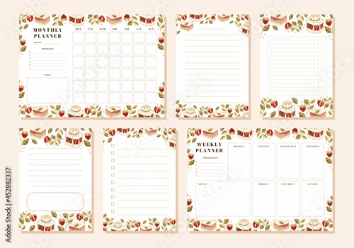 Set of weekly planner, monthly planner, note, memo, school scheduler templates with hand drawn cake, floral, and strawberry elements © Artflorara