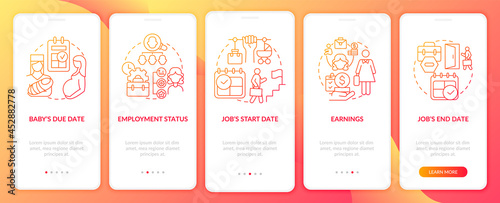 Calculate maternity pay requirement red gradient onboarding mobile app page screen. Walkthrough 5 steps graphic instructions with concepts. UI, UX, GUI vector template with linear color illustrations